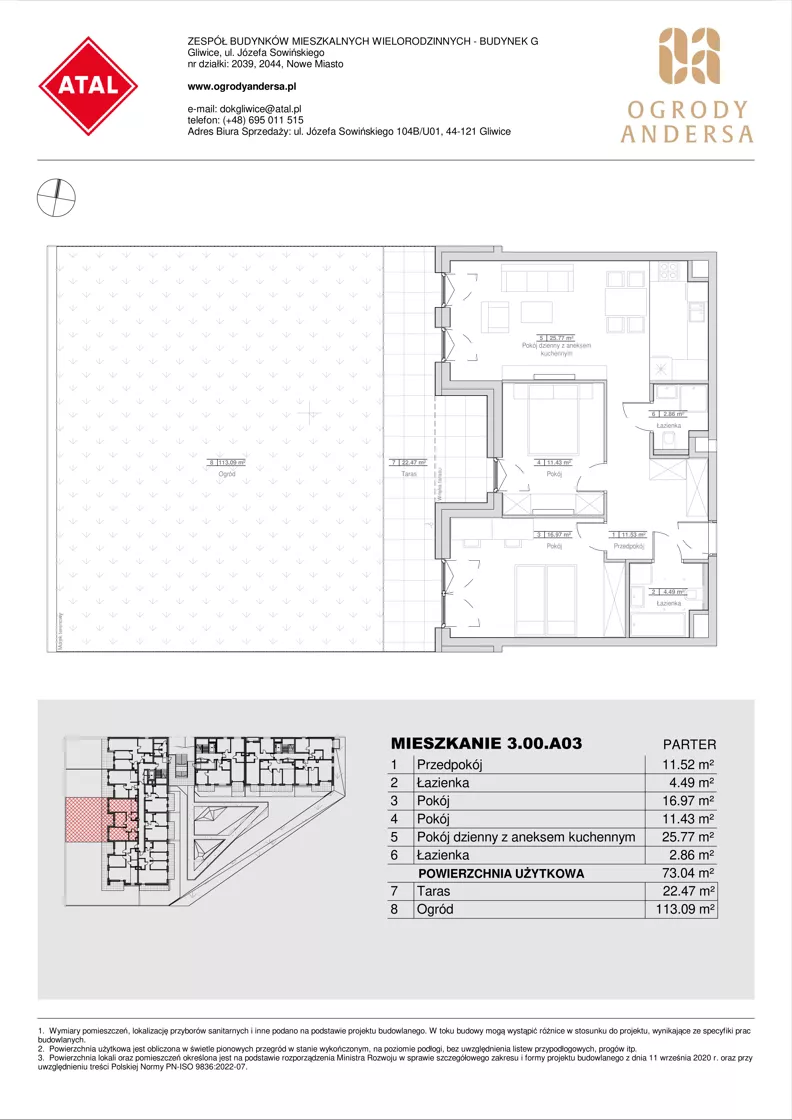 3 pokoje, mieszkanie 73,04 m², parter, oferta nr 3.00.A03, Ogrody Andersa IV, Gliwice, Wojska Polskiego, ul. J. Sowińskiego