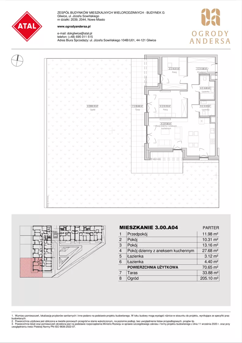 3 pokoje, mieszkanie 70,65 m², parter, oferta nr 3.00.A04, Ogrody Andersa IV, Gliwice, Wojska Polskiego, ul. J. Sowińskiego