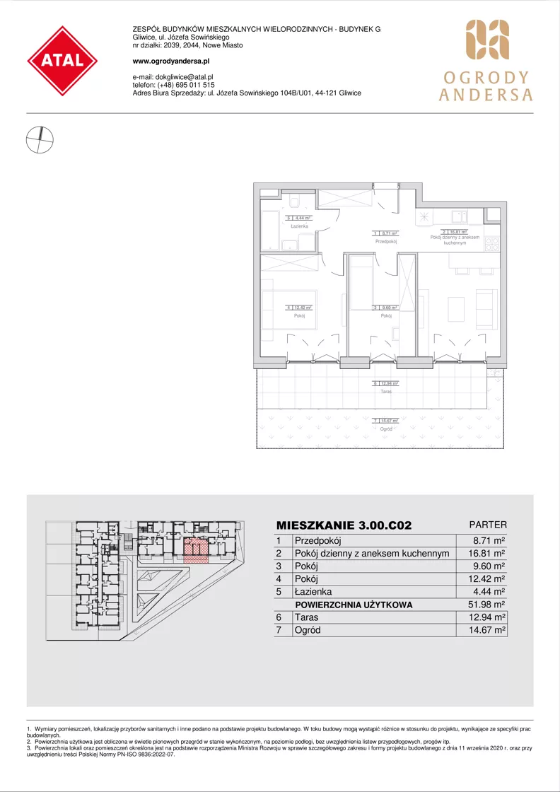 3 pokoje, mieszkanie 51,98 m², parter, oferta nr 3.00.C02, Ogrody Andersa IV, Gliwice, Wojska Polskiego, ul. J. Sowińskiego