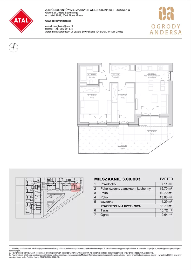 3 pokoje, mieszkanie 55,70 m², parter, oferta nr 3.00.C03, Ogrody Andersa IV, Gliwice, Wojska Polskiego, ul. J. Sowińskiego