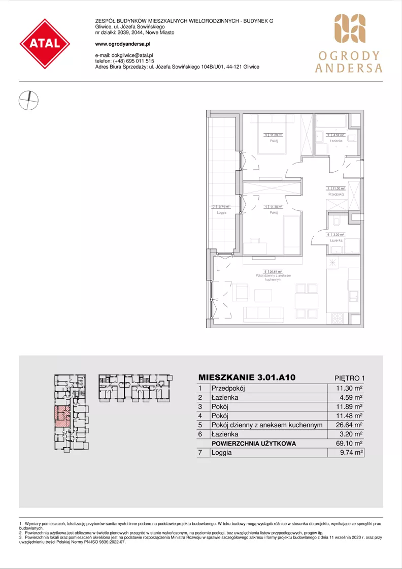 3 pokoje, mieszkanie 69,10 m², piętro 1, oferta nr 3.01.A10, Ogrody Andersa IV, Gliwice, Wojska Polskiego, ul. J. Sowińskiego