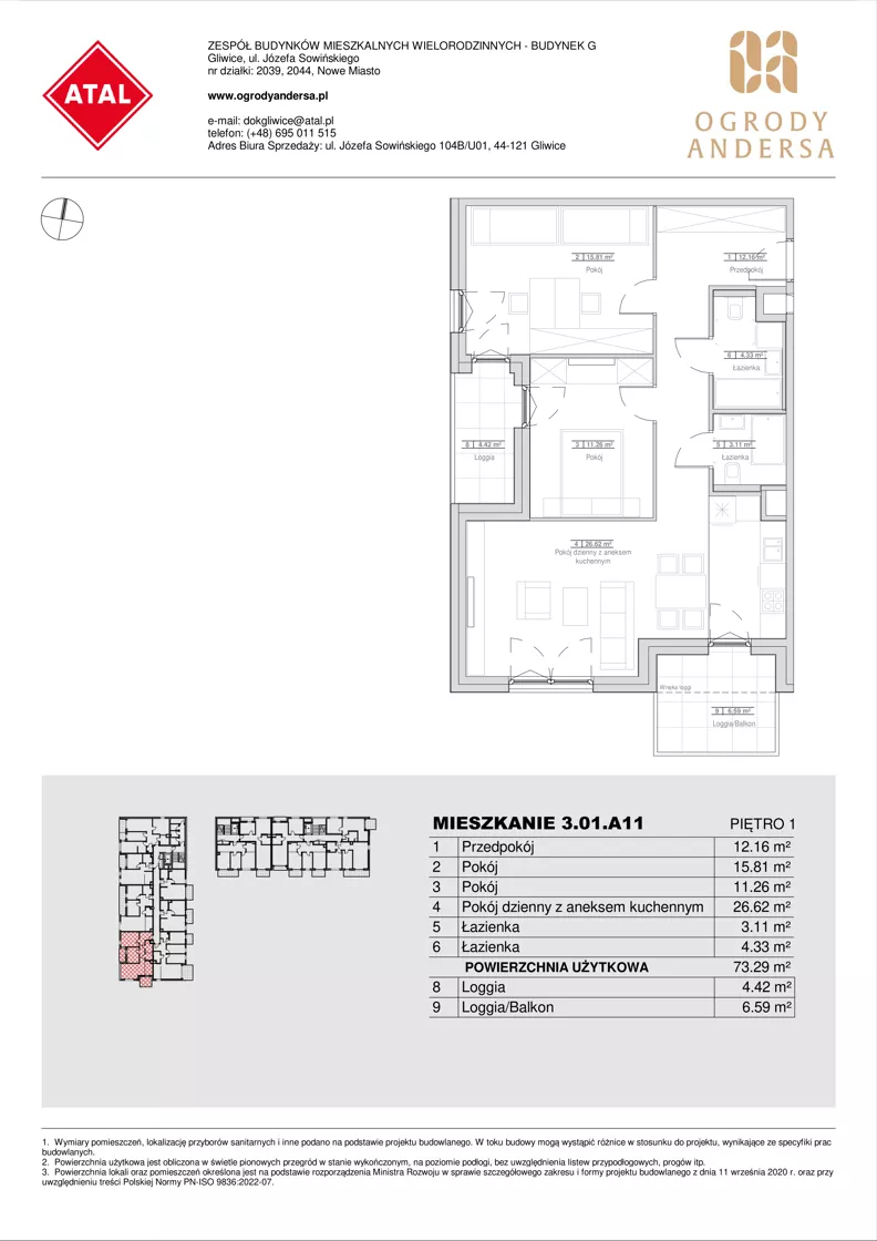 3 pokoje, mieszkanie 73,29 m², piętro 1, oferta nr 3.01.A11, Ogrody Andersa IV, Gliwice, Wojska Polskiego, ul. J. Sowińskiego