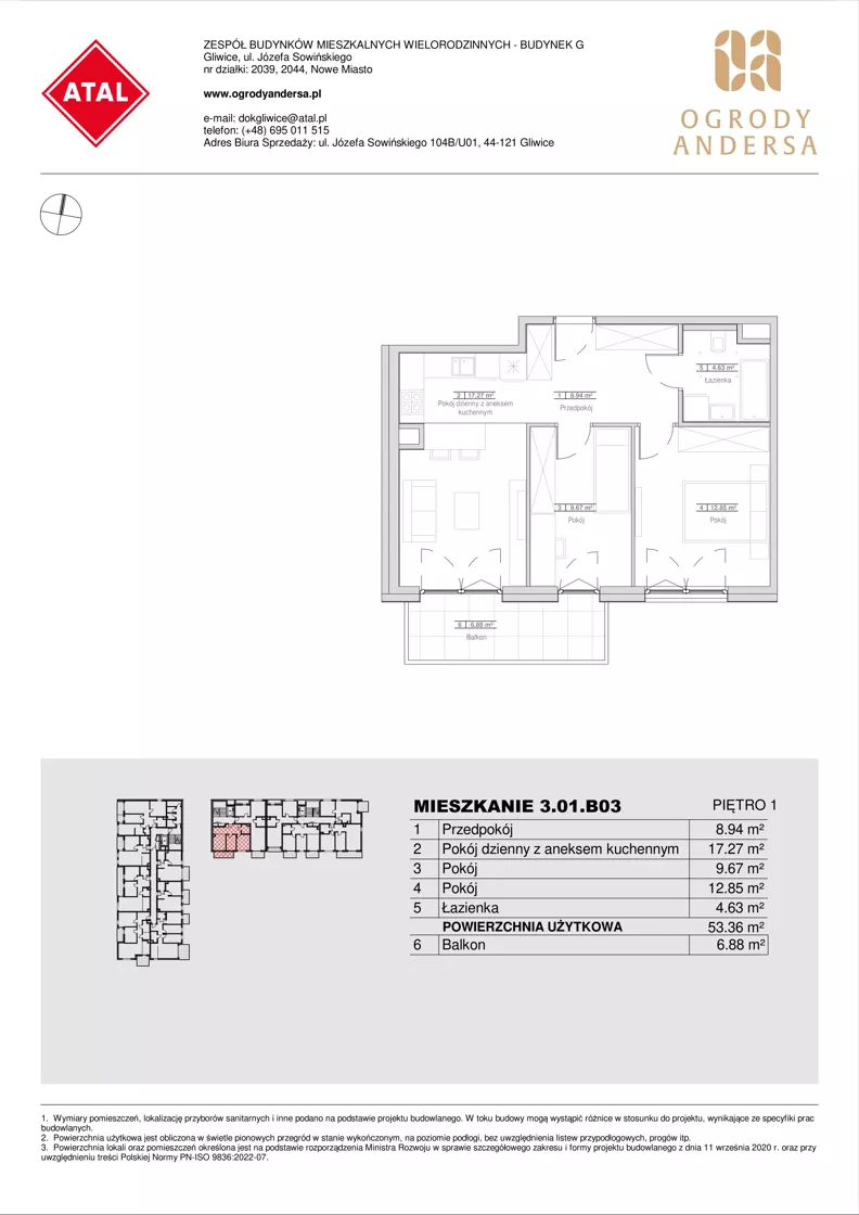 3 pokoje, mieszkanie 53,36 m², piętro 1, oferta nr 3.01.B03, Ogrody Andersa IV, Gliwice, Wojska Polskiego, ul. J. Sowińskiego