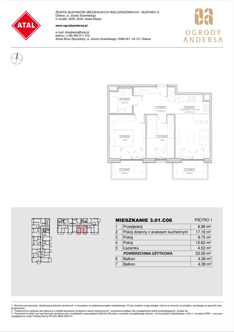 3 pokoje, mieszkanie 53,05 m², piętro 1, oferta nr 3.01.C06, Ogrody Andersa IV, Gliwice, Wojska Polskiego, ul. J. Sowińskiego