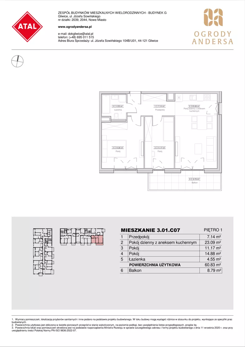 3 pokoje, mieszkanie 60,83 m², piętro 1, oferta nr 3.01.C07, Ogrody Andersa IV, Gliwice, Wojska Polskiego, ul. J. Sowińskiego