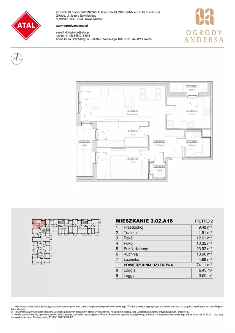 3 pokoje, mieszkanie 74,11 m², piętro 2, oferta nr 3.02.A16, Ogrody Andersa IV, Gliwice, Wojska Polskiego, ul. J. Sowińskiego