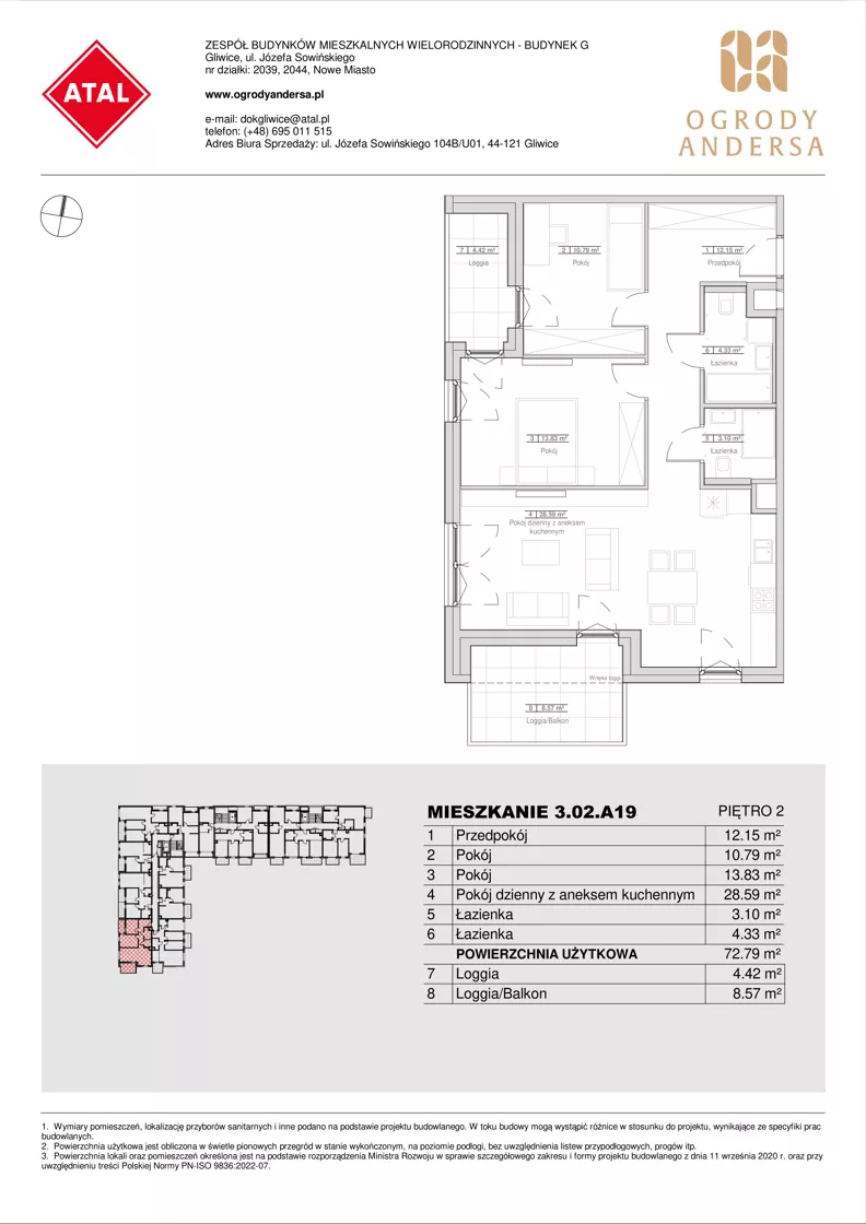 3 pokoje, mieszkanie 72,79 m², piętro 2, oferta nr 3.02.A19, Ogrody Andersa IV, Gliwice, Wojska Polskiego, ul. J. Sowińskiego