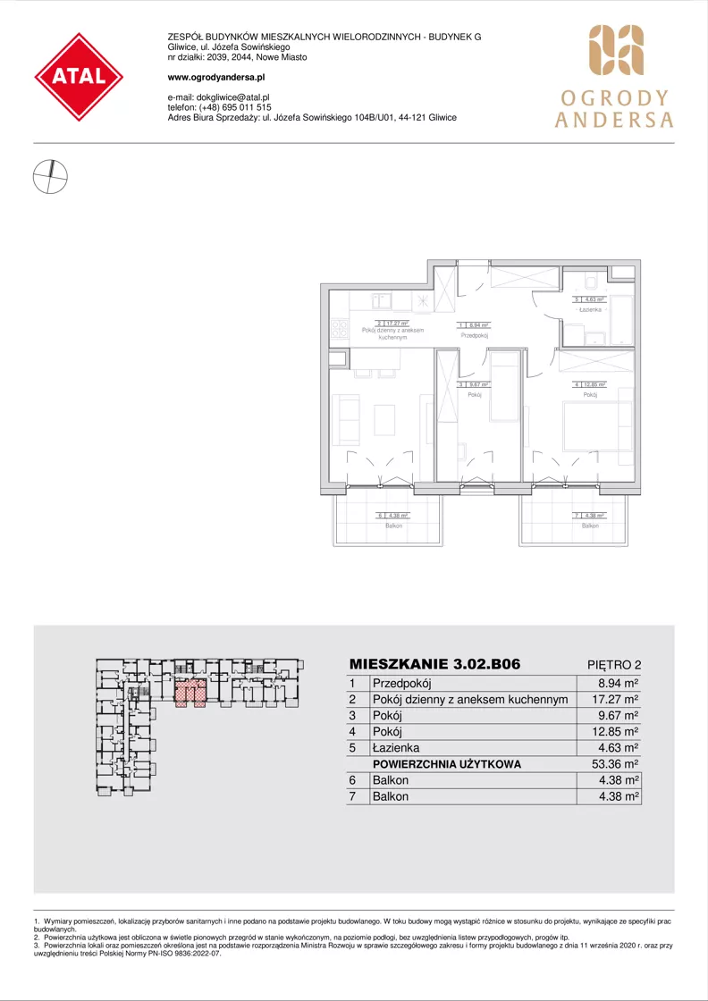 3 pokoje, mieszkanie 53,36 m², piętro 2, oferta nr 3.02.B06, Ogrody Andersa IV, Gliwice, Wojska Polskiego, ul. J. Sowińskiego