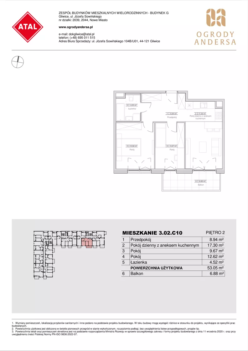 3 pokoje, mieszkanie 53,05 m², piętro 2, oferta nr 3.02.C10, Ogrody Andersa IV, Gliwice, Wojska Polskiego, ul. J. Sowińskiego