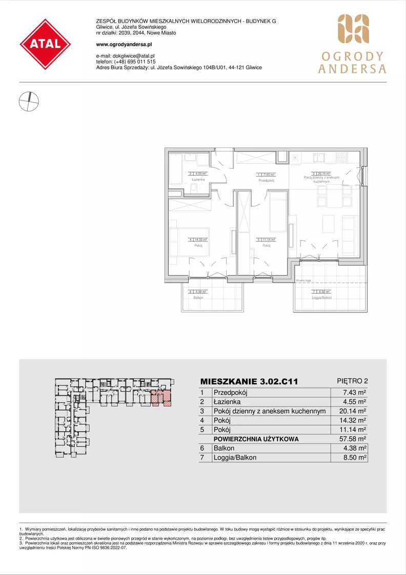 3 pokoje, mieszkanie 57,58 m², piętro 2, oferta nr 3.02.C11, Ogrody Andersa IV, Gliwice, Wojska Polskiego, ul. J. Sowińskiego