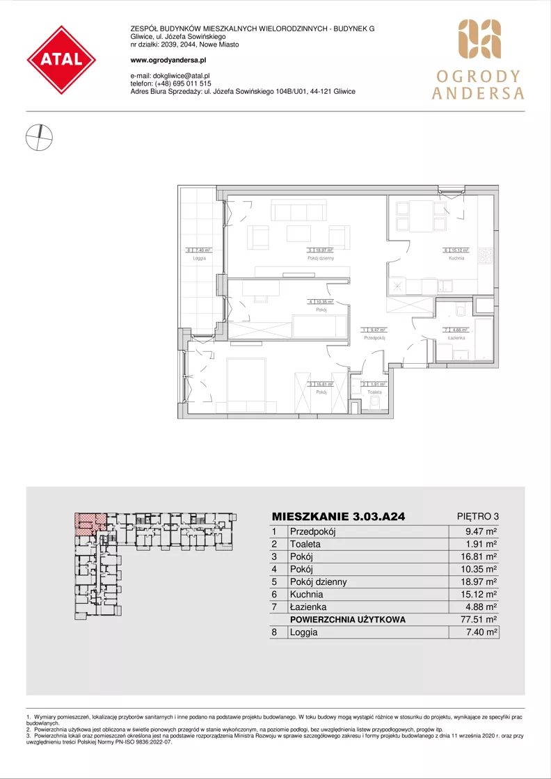 3 pokoje, mieszkanie 77,51 m², piętro 3, oferta nr 3.03.A24, Ogrody Andersa IV, Gliwice, Wojska Polskiego, ul. J. Sowińskiego