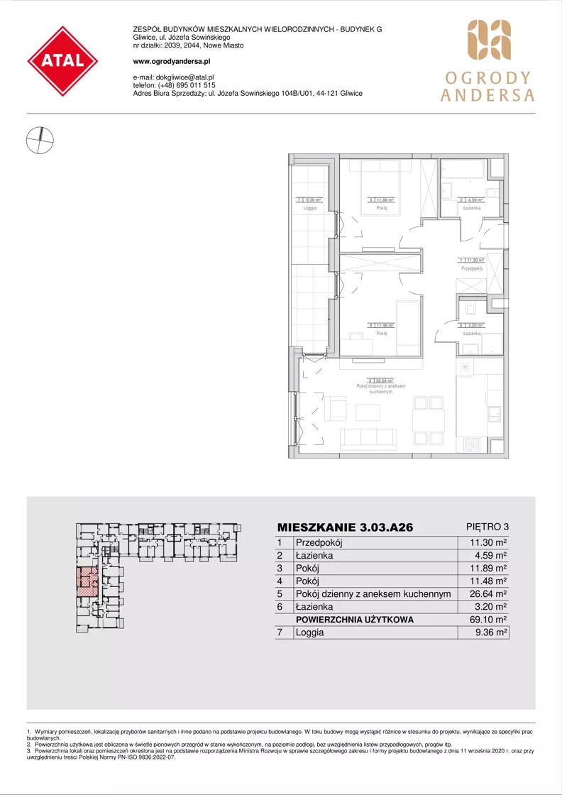 3 pokoje, mieszkanie 69,10 m², piętro 3, oferta nr 3.03.A26, Ogrody Andersa IV, Gliwice, Wojska Polskiego, ul. J. Sowińskiego