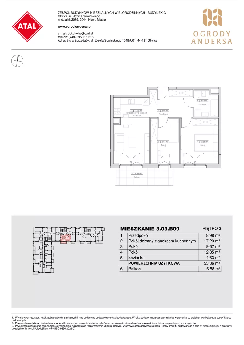 3 pokoje, mieszkanie 53,36 m², piętro 3, oferta nr 3.03.B09, Ogrody Andersa IV, Gliwice, Wojska Polskiego, ul. J. Sowińskiego