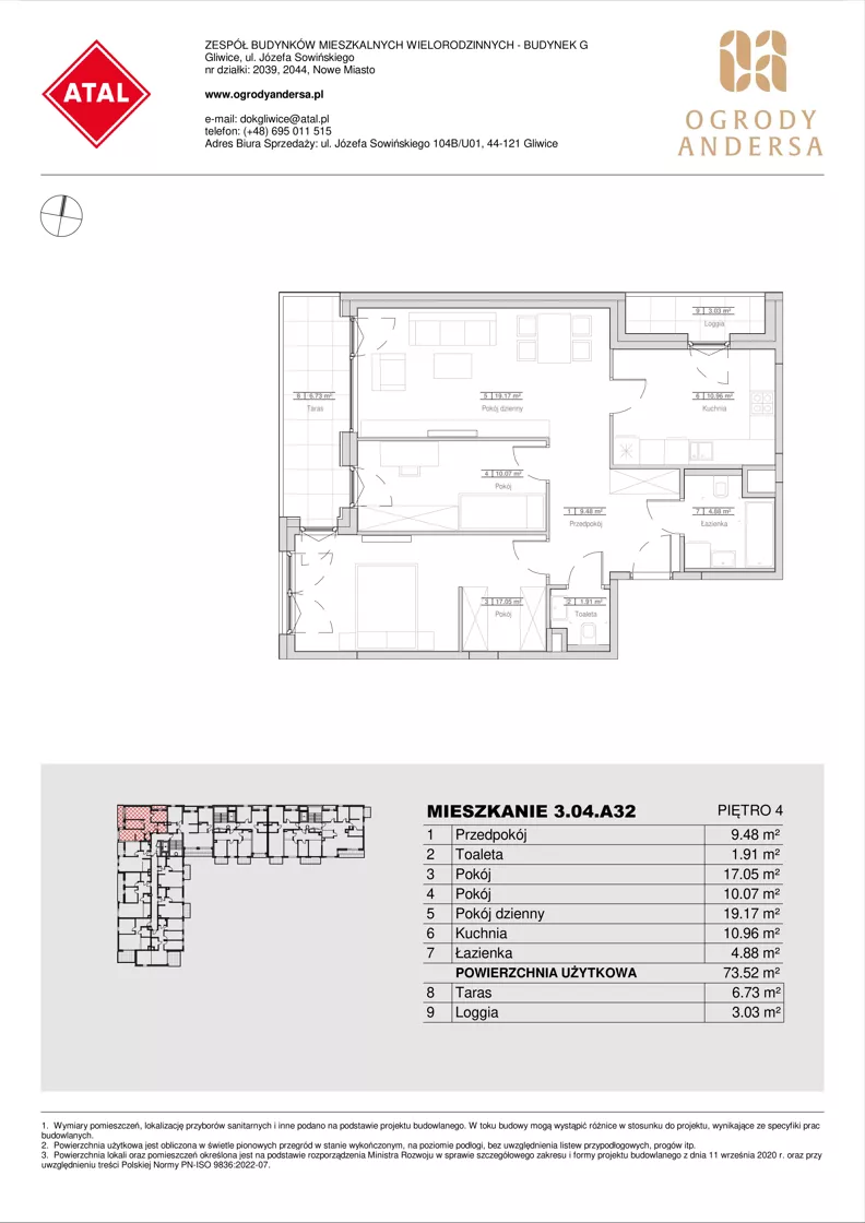 3 pokoje, mieszkanie 73,52 m², piętro 4, oferta nr 3.04.A32, Ogrody Andersa IV, Gliwice, Wojska Polskiego, ul. J. Sowińskiego