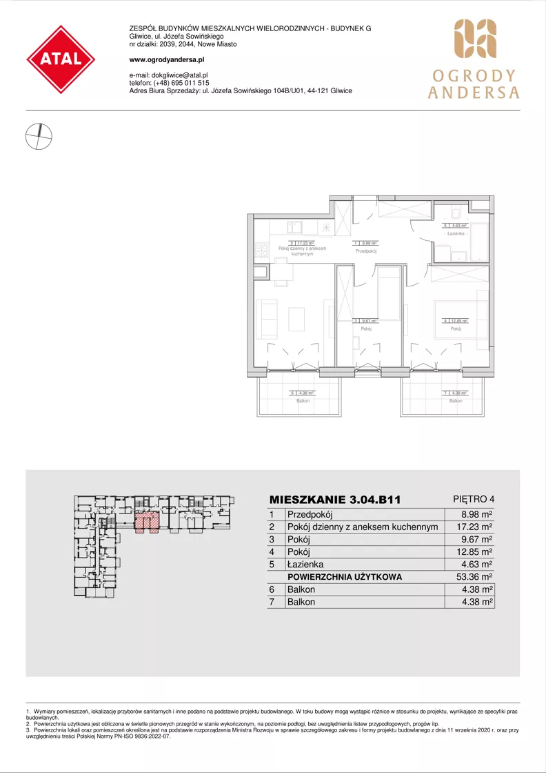 3 pokoje, mieszkanie 53,36 m², piętro 4, oferta nr 3.04.B11, Ogrody Andersa IV, Gliwice, Wojska Polskiego, ul. J. Sowińskiego