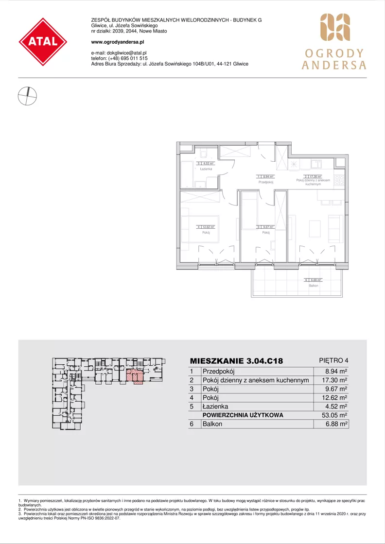 3 pokoje, mieszkanie 53,05 m², piętro 4, oferta nr 3.04.C18, Ogrody Andersa IV, Gliwice, Wojska Polskiego, ul. J. Sowińskiego