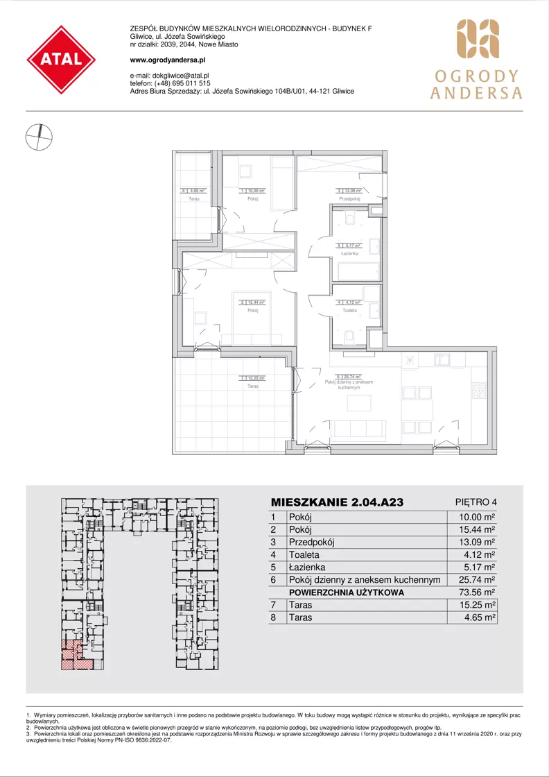 3 pokoje, mieszkanie 73,56 m², piętro 4, oferta nr 2.04.A23, Ogrody Andersa IV, Gliwice, Wojska Polskiego, ul. J. Sowińskiego