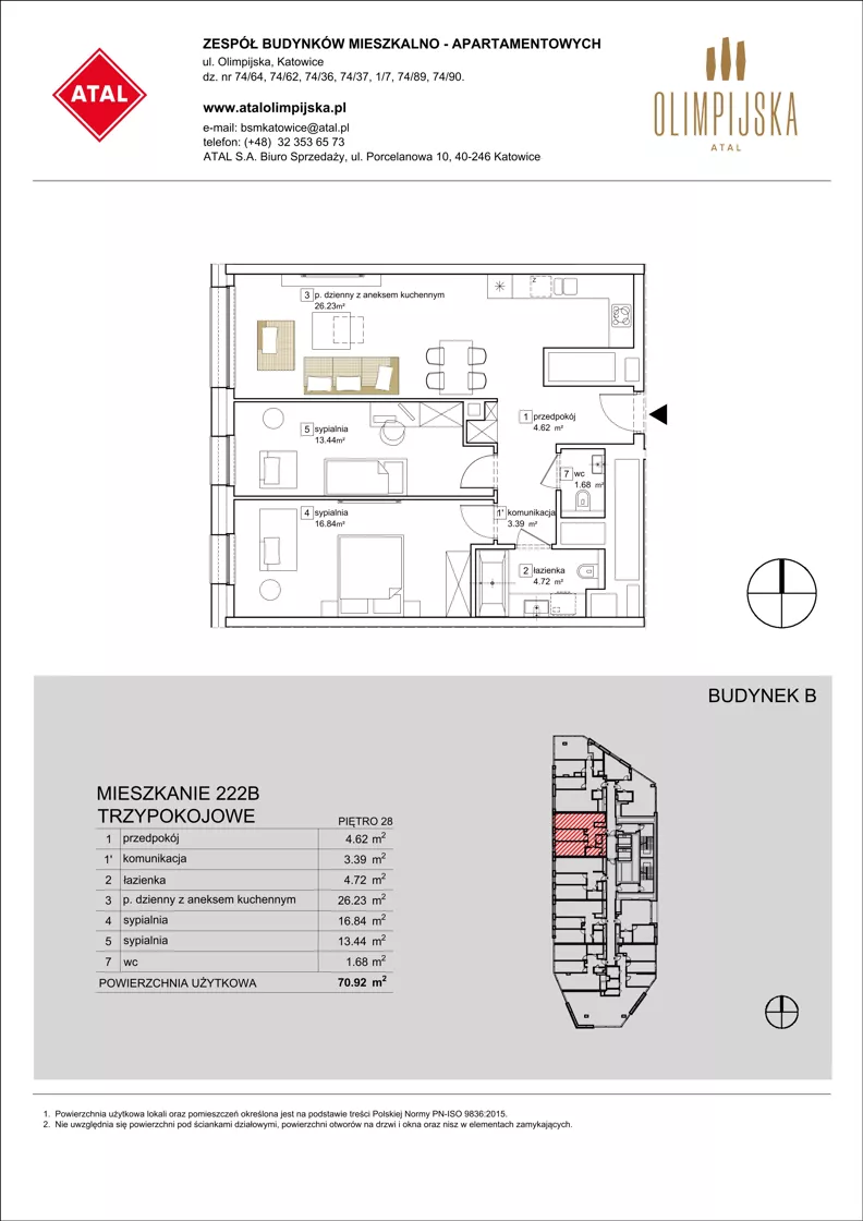 3 pokoje, apartament 70,92 m², piętro 28, oferta nr B-28-222B, ATAL Olimpijska, Katowice, Bogucice, ul. Olimpijska / al. Korfantego