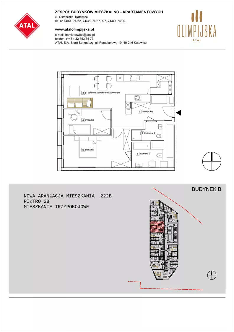 3 pokoje, apartament 70,92 m², piętro 28, oferta nr B-28-222B, ATAL Olimpijska, Katowice, Śródmieście, Bogucice, ul. Olimpijska / al. Korfantego