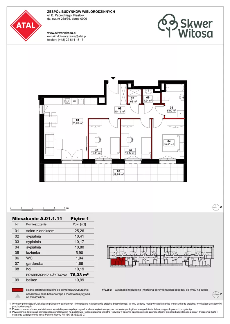 4 pokoje, mieszkanie 76,28 m², piętro 1, oferta nr A01.1.11, Skwer Witosa, Piastów, ul. Bodycha/Witosa