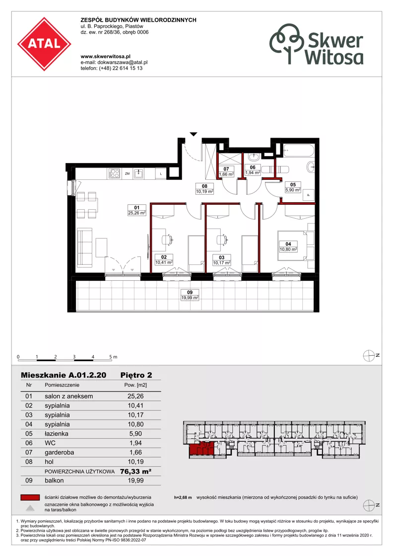 4 pokoje, mieszkanie 76,28 m², piętro 2, oferta nr A01.2.20, Skwer Witosa, Piastów, ul. Bodycha/Witosa