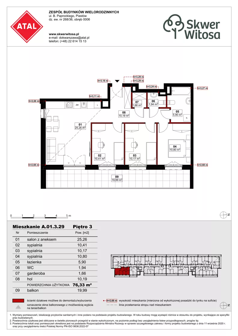 4 pokoje, mieszkanie 76,28 m², piętro 3, oferta nr A01.3.29, Skwer Witosa, Piastów, ul. Bodycha/Witosa