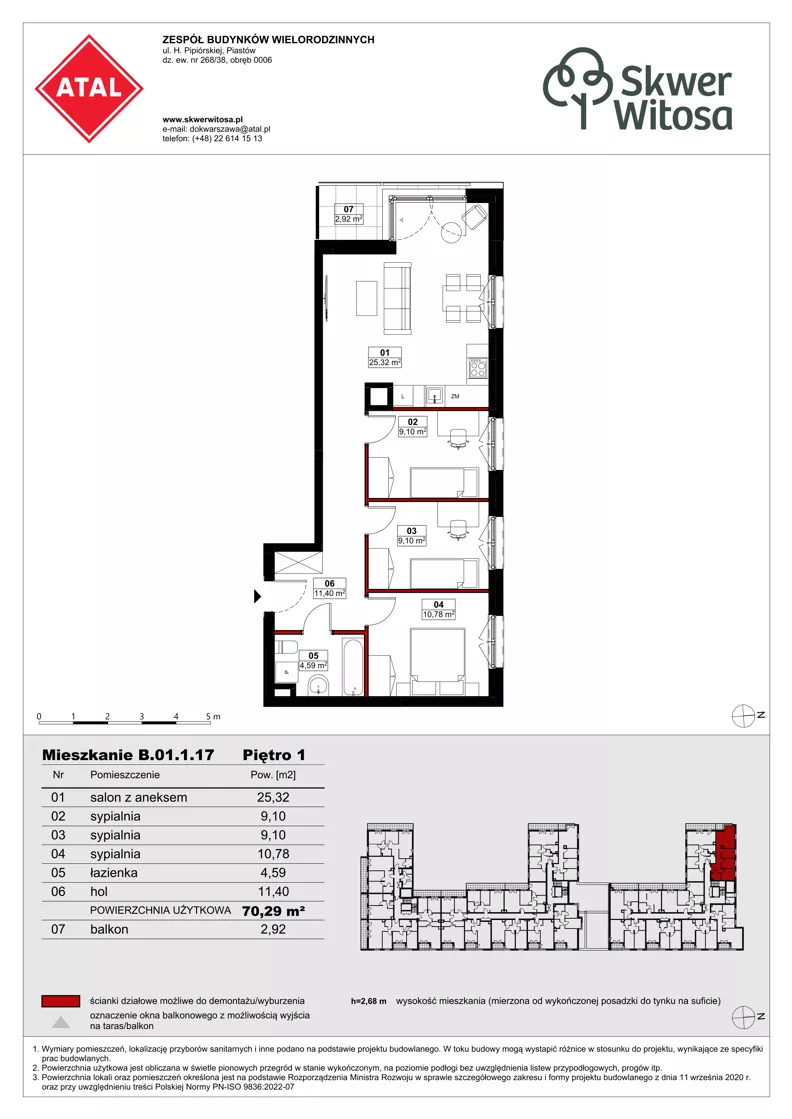 4 pokoje, mieszkanie 70,29 m², piętro 1, oferta nr B01.1.17, Skwer Witosa, Piastów, ul. Bodycha/Witosa