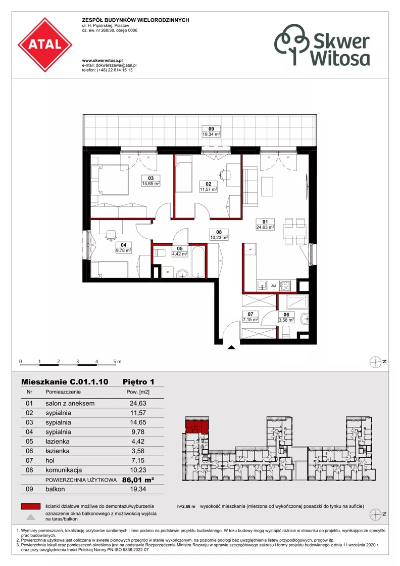 4 pokoje, mieszkanie 86,05 m², piętro 1, oferta nr C01.1.10, Skwer Witosa, Piastów, ul. Bodycha/Witosa