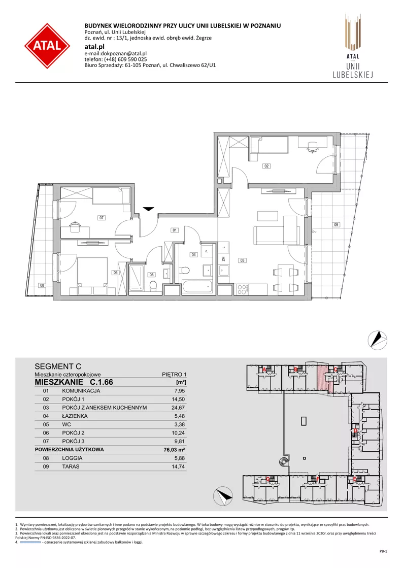 4 pokoje, mieszkanie 76,03 m², piętro 1, oferta nr C.1.66, ATAL Unii Lubelskiej, Poznań, Rataje, Starołęka, ul. Heleny Tadeuszak