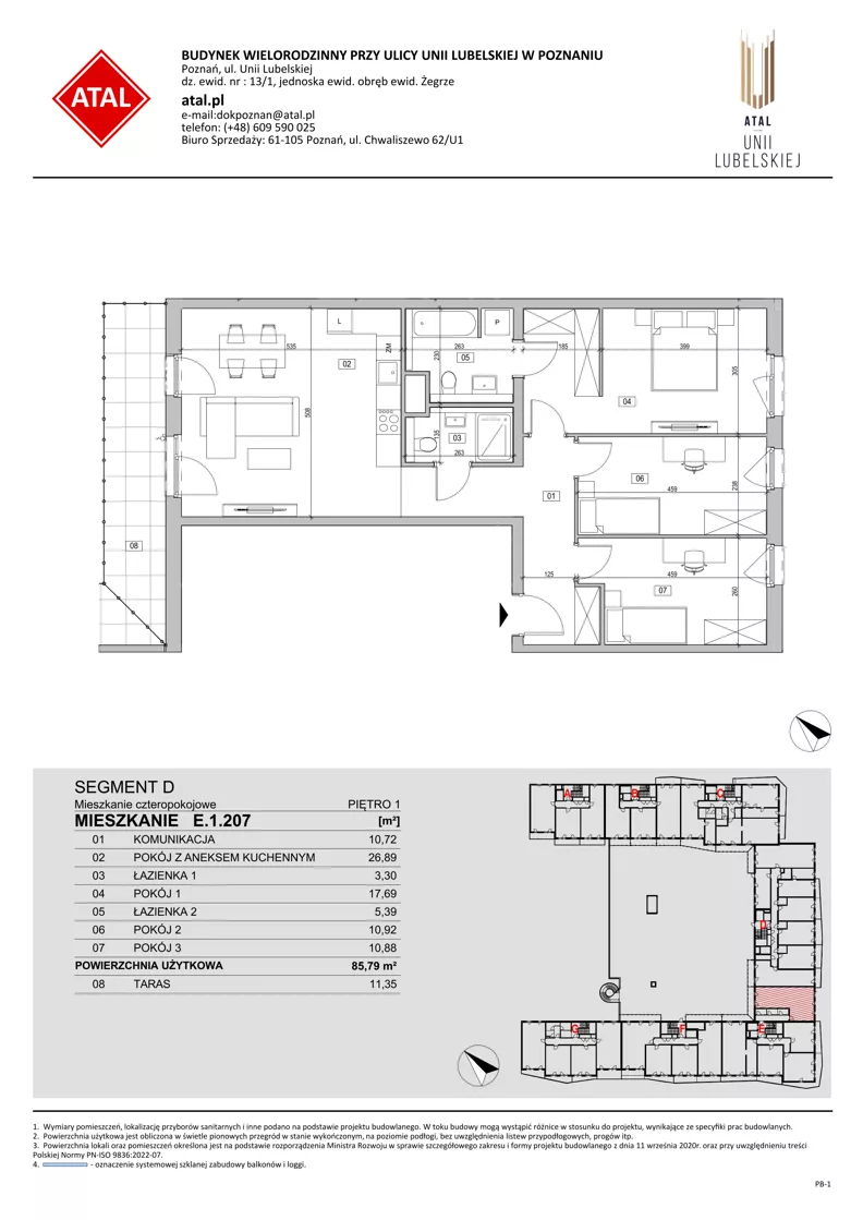4 pokoje, mieszkanie 85,79 m², piętro 1, oferta nr E.1.207, ATAL Unii Lubelskiej, Poznań, Rataje, Starołęka, ul. Heleny Tadeuszak
