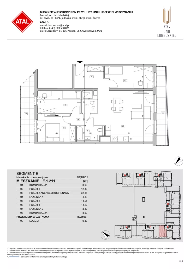 4 pokoje, mieszkanie 89,56 m², piętro 1, oferta nr E.1.211, ATAL Unii Lubelskiej, Poznań, Rataje, Starołęka, ul. Heleny Tadeuszak