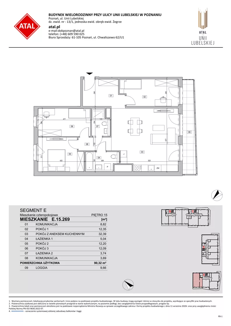4 pokoje, mieszkanie 90,39 m², piętro 15, oferta nr E.15.269, ATAL Unii Lubelskiej, Poznań, Rataje, Starołęka, ul. Heleny Tadeuszak