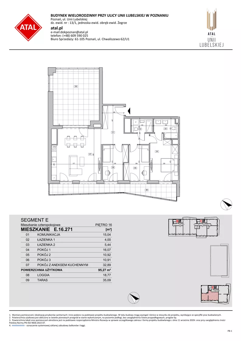 4 pokoje, mieszkanie 95,27 m², piętro 16, oferta nr E.16.271, ATAL Unii Lubelskiej, Poznań, Rataje, Starołęka, ul. Heleny Tadeuszak