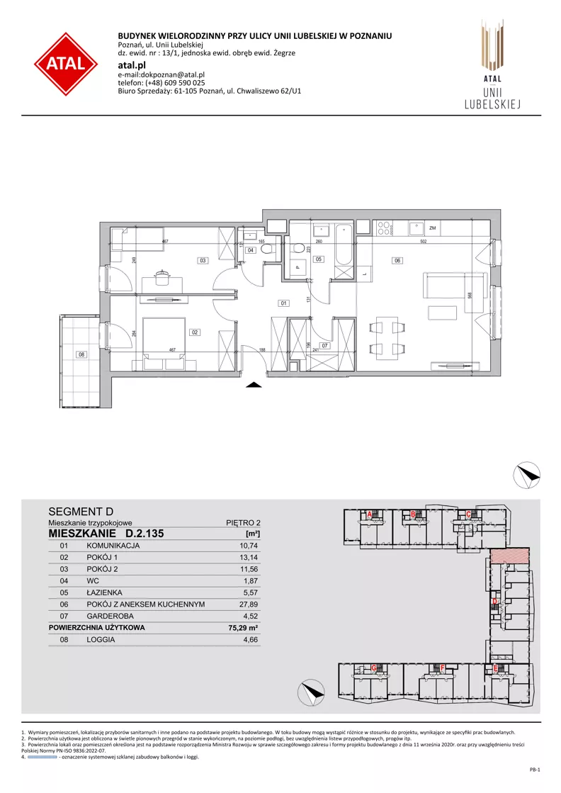 4 pokoje, mieszkanie 75,27 m², piętro 2, oferta nr D.2.135, ATAL Unii Lubelskiej, Poznań, Rataje, Starołęka, ul. Heleny Tadeuszak