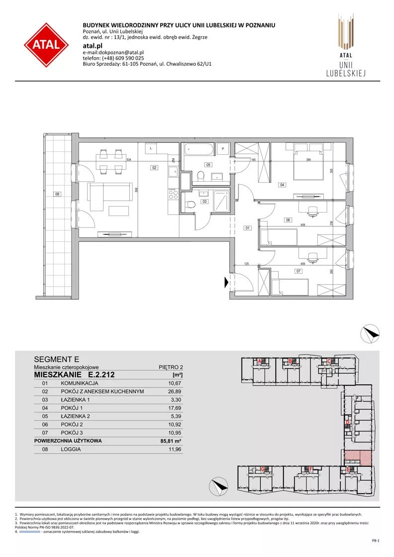 4 pokoje, mieszkanie 85,81 m², piętro 2, oferta nr E.2.212, ATAL Unii Lubelskiej, Poznań, Rataje, Starołęka, ul. Heleny Tadeuszak