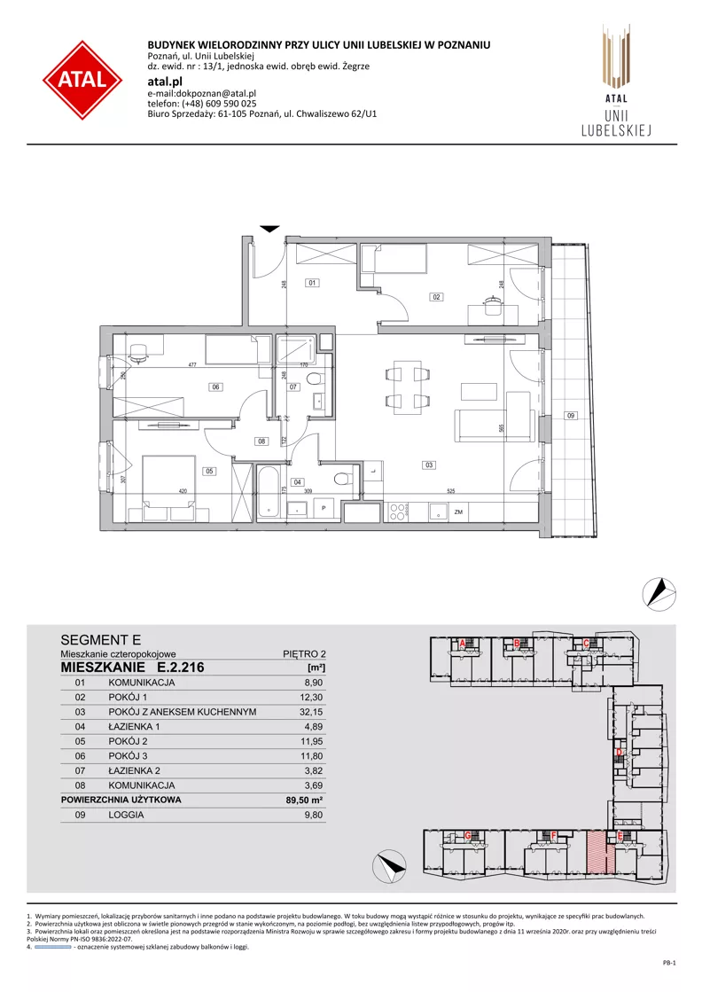4 pokoje, mieszkanie 89,56 m², piętro 2, oferta nr E.2.216, ATAL Unii Lubelskiej, Poznań, Rataje, Starołęka, ul. Heleny Tadeuszak