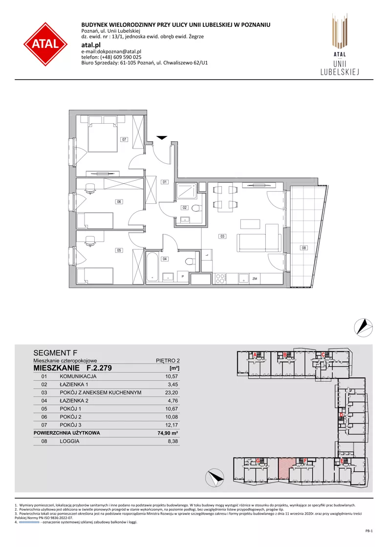 4 pokoje, mieszkanie 74,90 m², piętro 2, oferta nr F.2.279, ATAL Unii Lubelskiej, Poznań, Rataje, Starołęka, ul. Heleny Tadeuszak