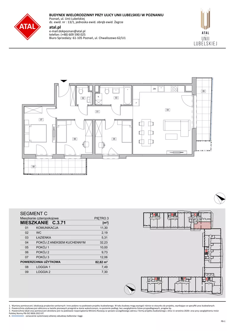 4 pokoje, mieszkanie 82,82 m², piętro 3, oferta nr C.3.71, ATAL Unii Lubelskiej, Poznań, Rataje, Starołęka, ul. Heleny Tadeuszak