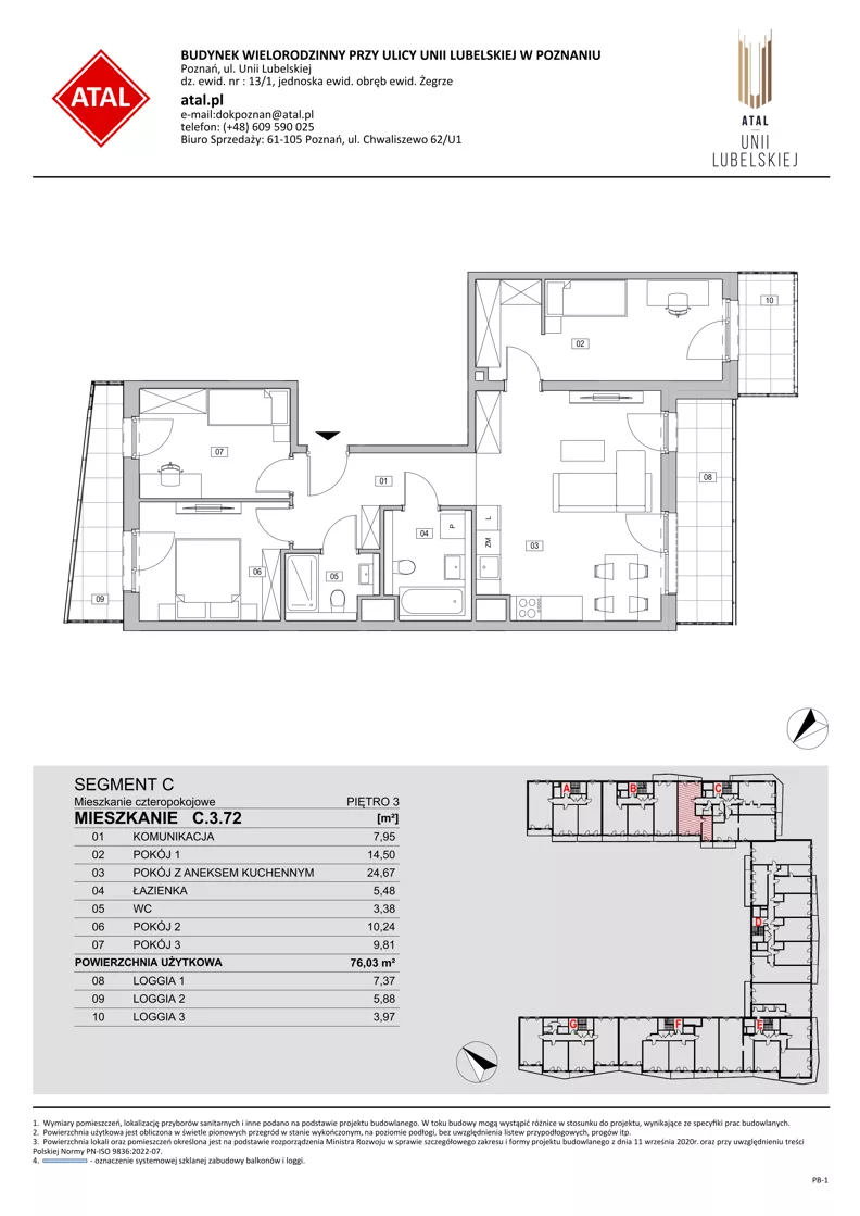 4 pokoje, mieszkanie 76,03 m², piętro 3, oferta nr C.3.72, ATAL Unii Lubelskiej, Poznań, Rataje, Starołęka, ul. Heleny Tadeuszak