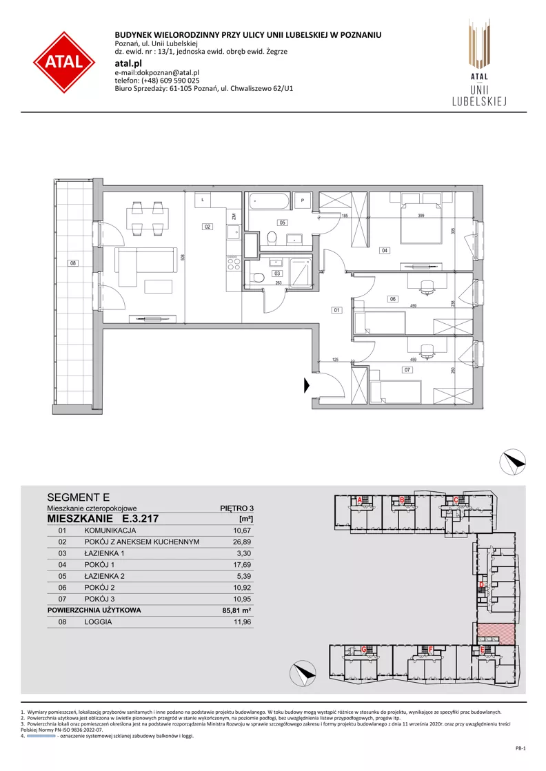 4 pokoje, mieszkanie 85,81 m², piętro 3, oferta nr E.3.217, ATAL Unii Lubelskiej, Poznań, Rataje, Starołęka, ul. Heleny Tadeuszak