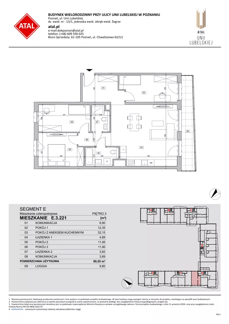 4 pokoje, mieszkanie 89,61 m², piętro 3, oferta nr E.3.221, ATAL Unii Lubelskiej, Poznań, Rataje, Starołęka, ul. Heleny Tadeuszak