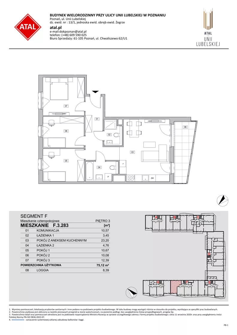 4 pokoje, mieszkanie 75,12 m², piętro 3, oferta nr F.3.283, ATAL Unii Lubelskiej, Poznań, Rataje, Starołęka, ul. Heleny Tadeuszak