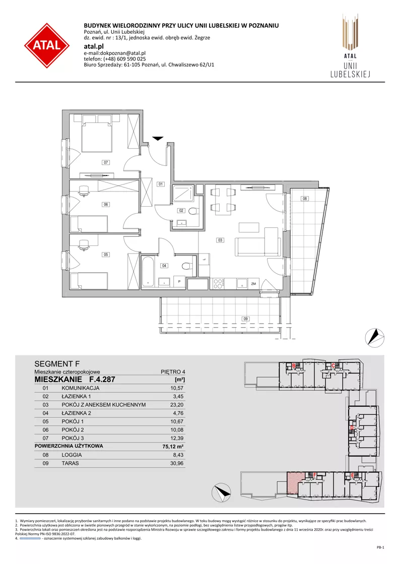 4 pokoje, mieszkanie 75,12 m², piętro 4, oferta nr F.4.287, ATAL Unii Lubelskiej, Poznań, Rataje, Starołęka, ul. Heleny Tadeuszak