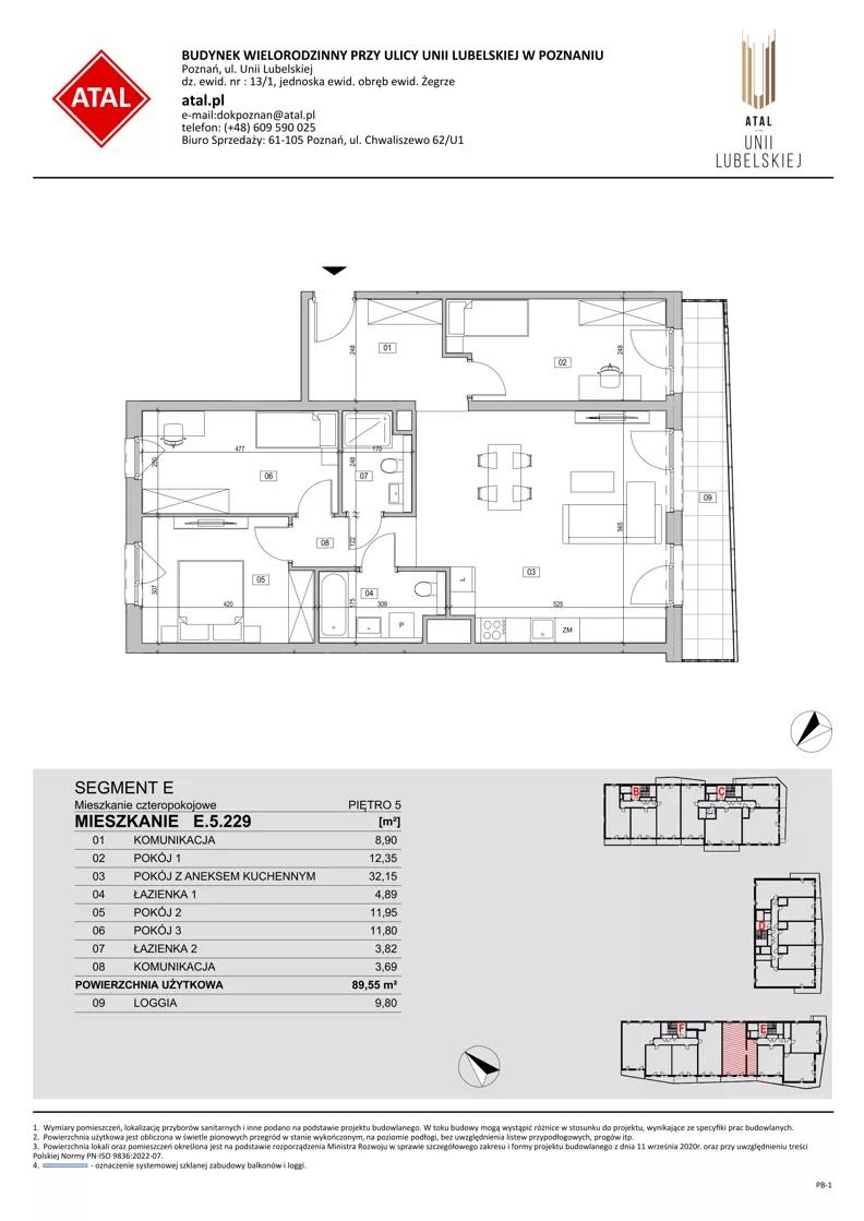 4 pokoje, mieszkanie 89,61 m², piętro 5, oferta nr E.5.229, ATAL Unii Lubelskiej, Poznań, Rataje, Starołęka, ul. Heleny Tadeuszak