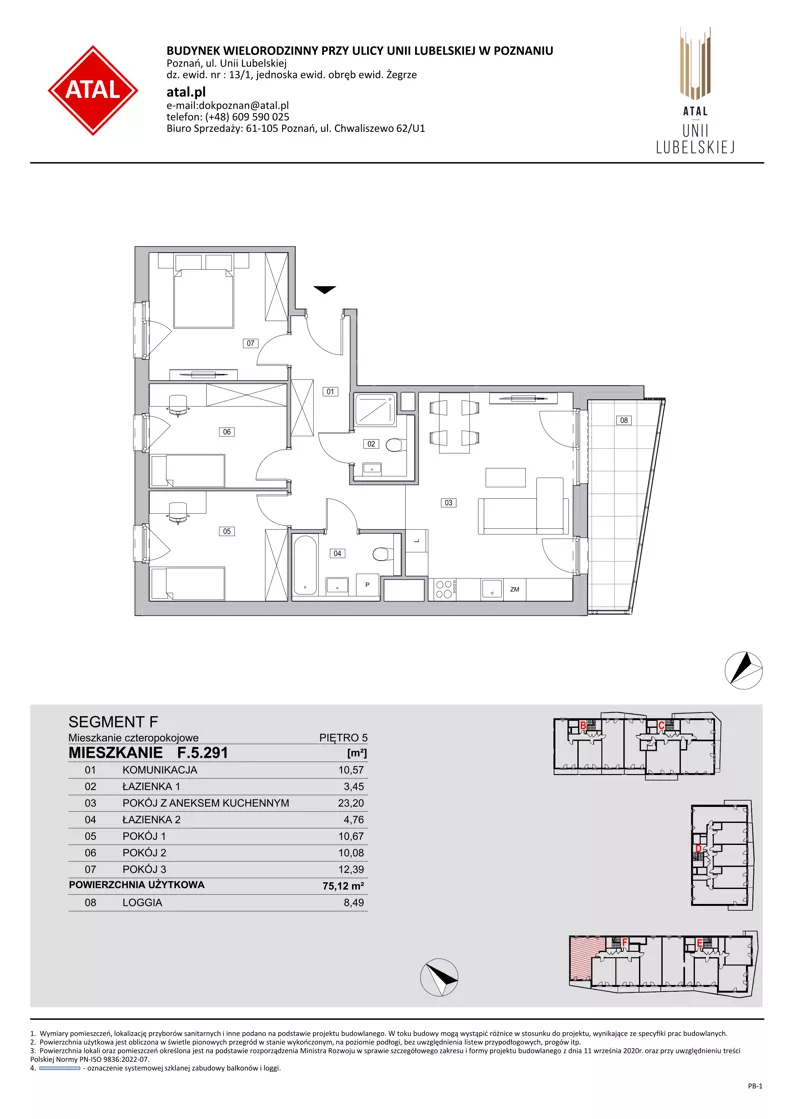 4 pokoje, mieszkanie 75,12 m², piętro 5, oferta nr F.5.291, ATAL Unii Lubelskiej, Poznań, Rataje, Starołęka, ul. Heleny Tadeuszak