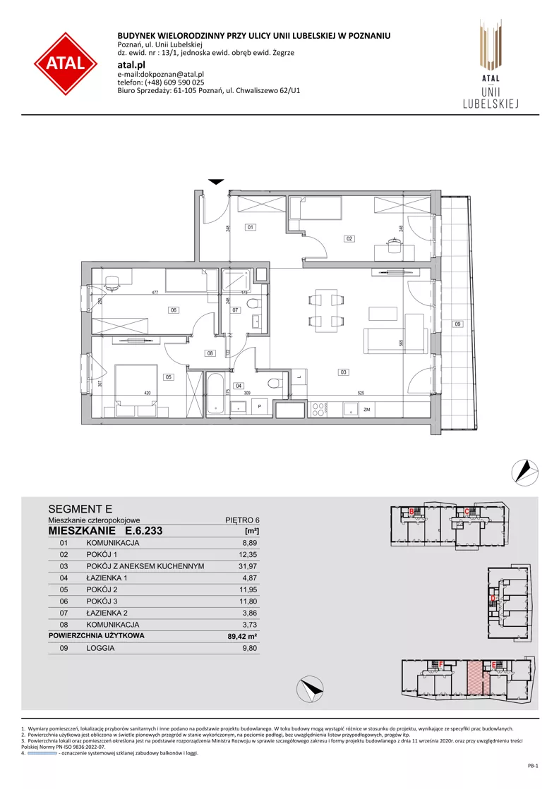 4 pokoje, mieszkanie 89,48 m², piętro 6, oferta nr E.6.233, ATAL Unii Lubelskiej, Poznań, Rataje, Starołęka, ul. Heleny Tadeuszak