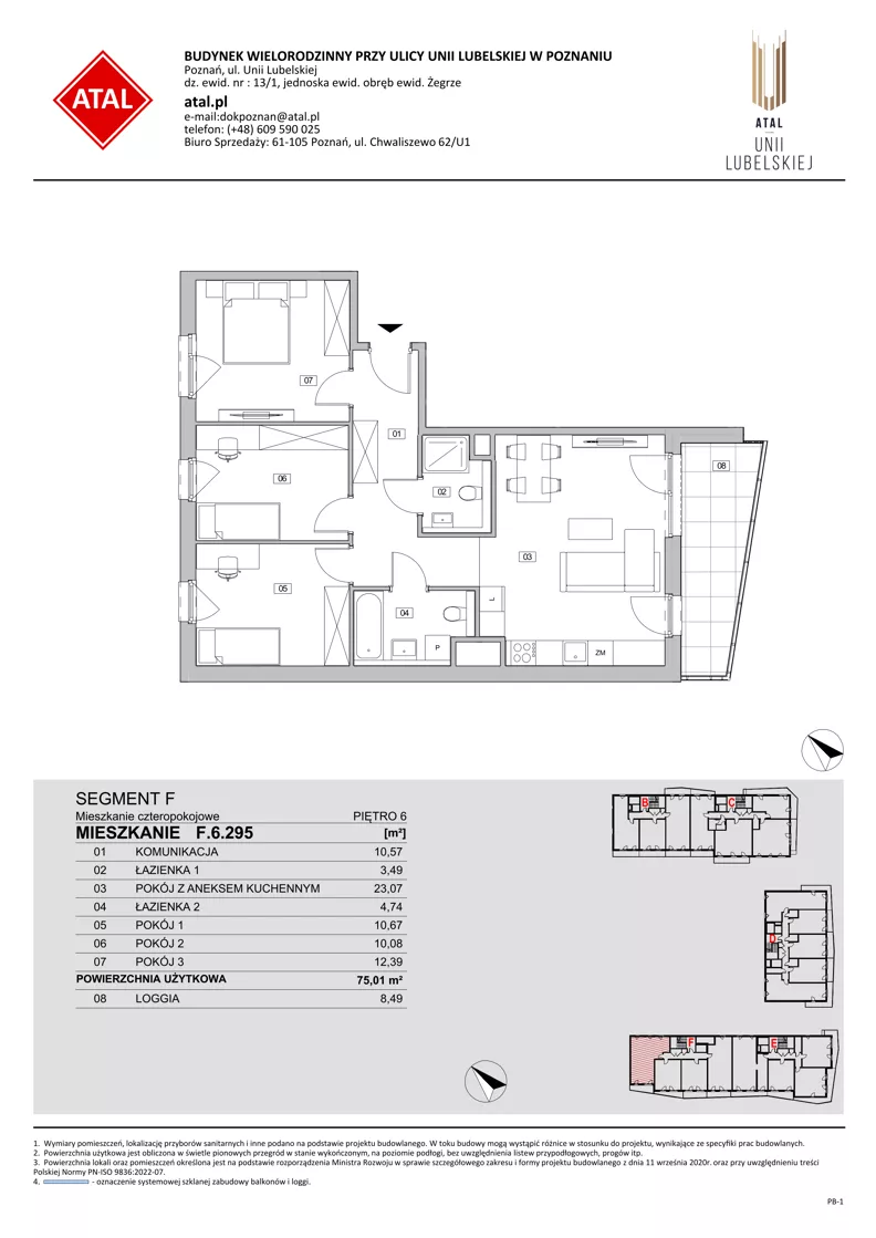 4 pokoje, mieszkanie 75,01 m², piętro 6, oferta nr F.6.295, ATAL Unii Lubelskiej, Poznań, Rataje, Starołęka, ul. Heleny Tadeuszak