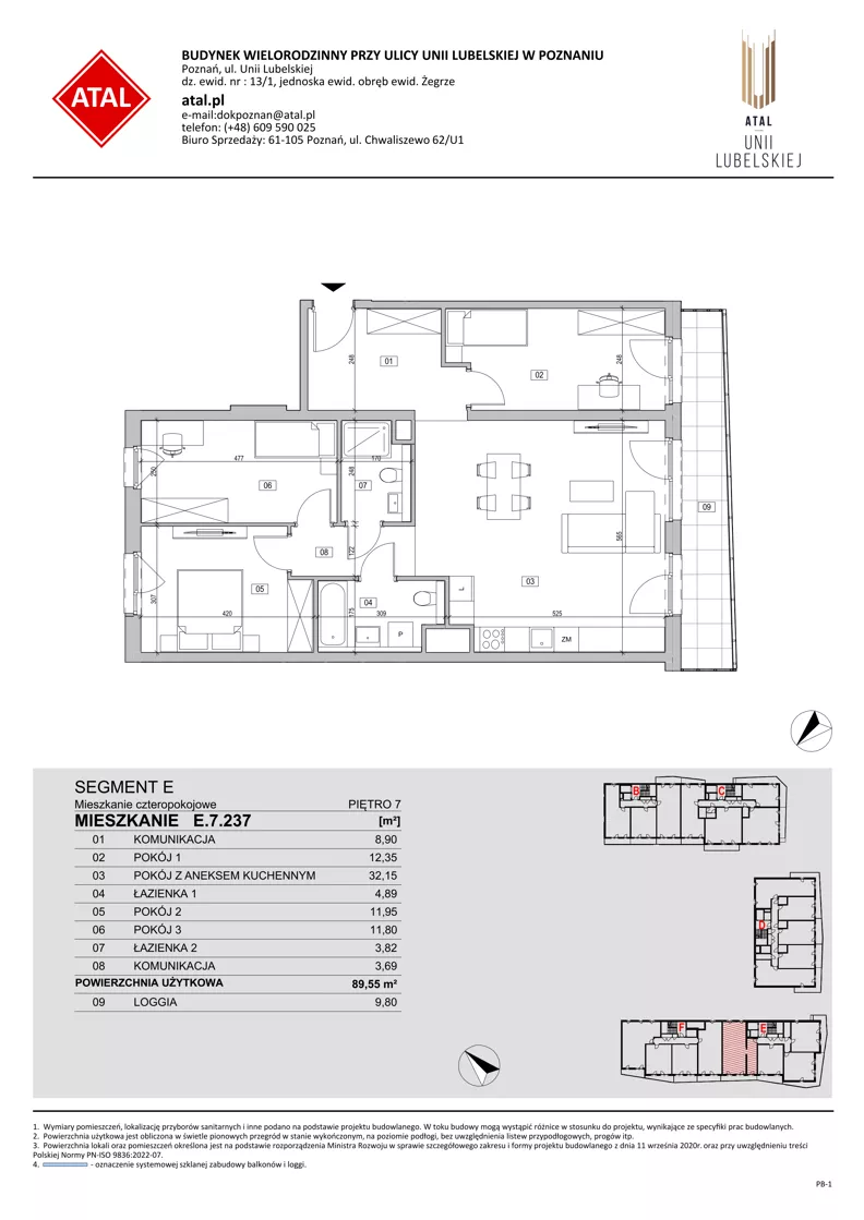 4 pokoje, mieszkanie 89,61 m², piętro 7, oferta nr E.7.237, ATAL Unii Lubelskiej, Poznań, Rataje, Starołęka, ul. Heleny Tadeuszak