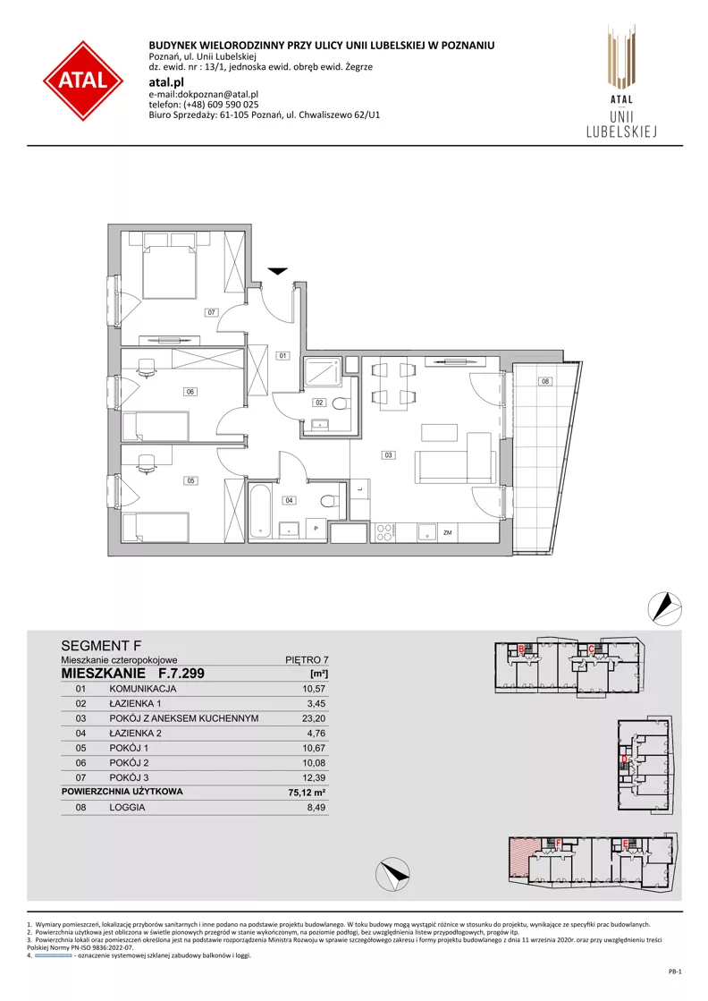 4 pokoje, mieszkanie 75,12 m², piętro 7, oferta nr F.7.299, ATAL Unii Lubelskiej, Poznań, Rataje, Starołęka, ul. Heleny Tadeuszak