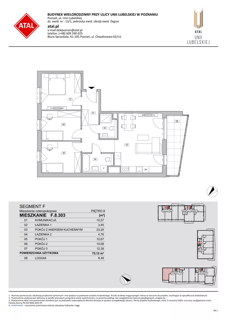 4 pokoje, mieszkanie 75,12 m², piętro 8, oferta nr F.8.303, ATAL Unii Lubelskiej, Poznań, Rataje, Starołęka, ul. Heleny Tadeuszak